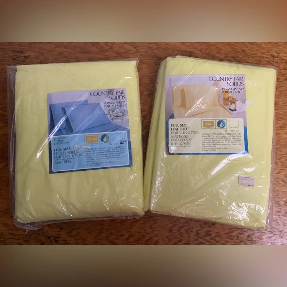 Vtg Sears Slumber Shop Country Fair Solids Full Size Sheets Flat&Fitted Yellow